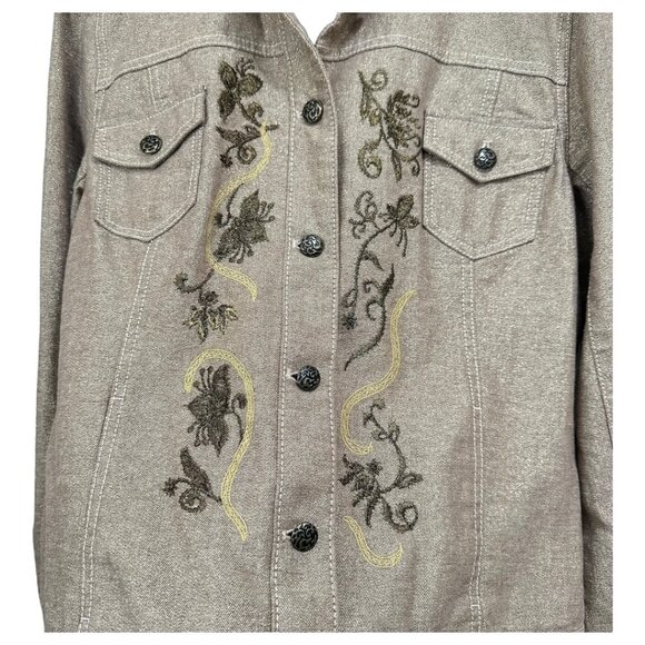 Chicos Metallic Embroidered Button-Up Jacket SZ 2 Beige Long Sleeve Cotton Blend - Picture 11 of 16